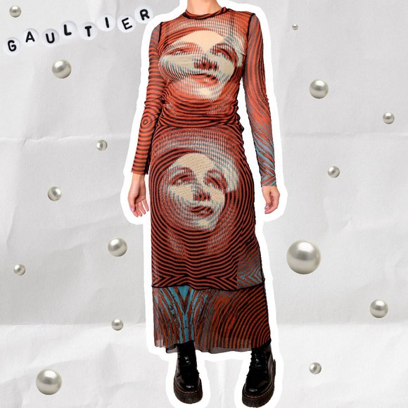 JEAN PAUL GAULTIER MARLENE DIETRICH SPIRAL TATTOO PRINT MESH MAXI SKIRT - Picture 1 of 5